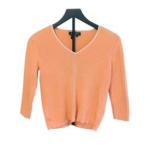 Lauren Ralph Lauren Peach Orange Cable Knit V-Neck Sweater 100% Cotton Small